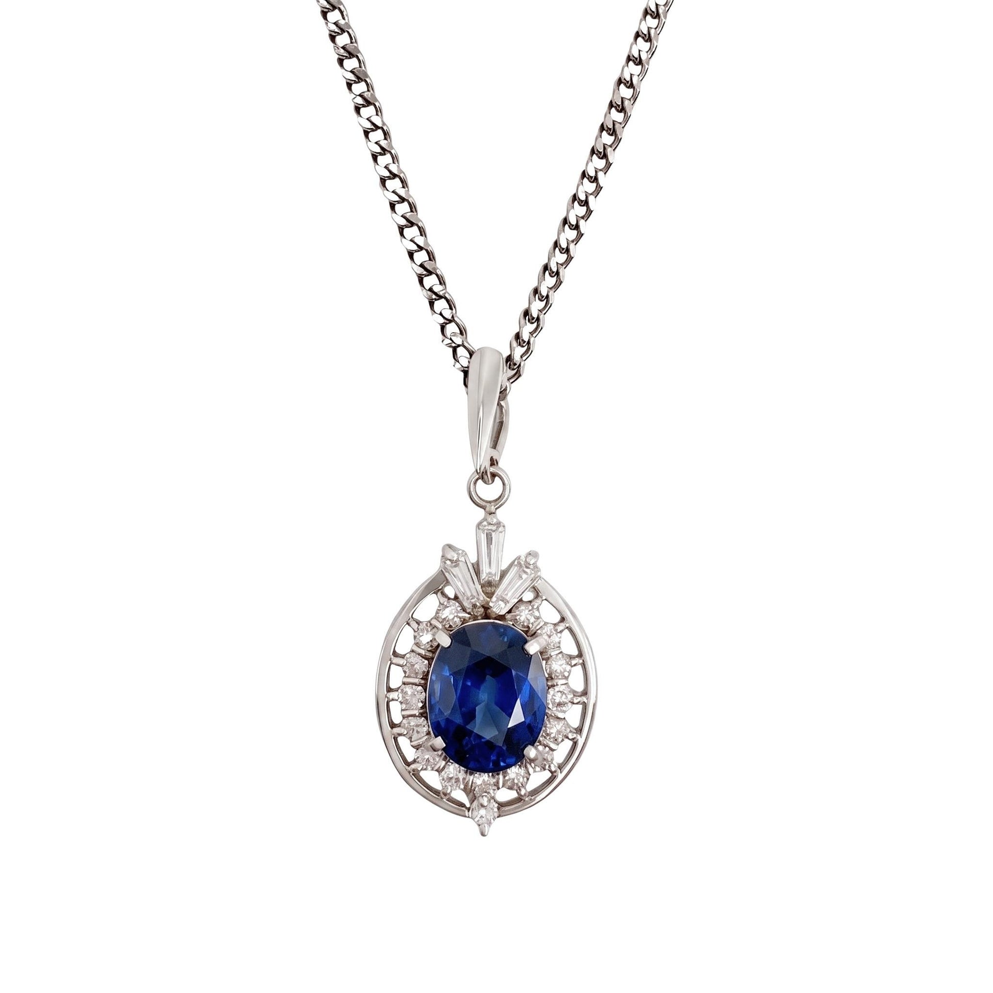 Vintage Sapphire Diamond Platinum Pendant Necklace