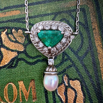 Mid Century Emerald Diamond Platinum Pendant Necklace