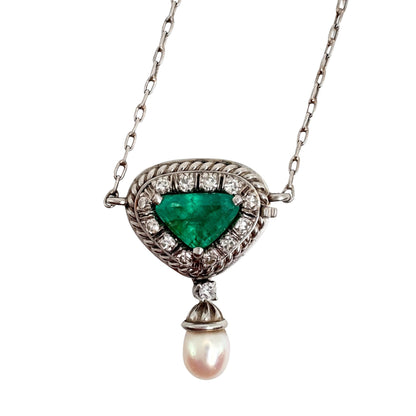Mid Century Emerald Diamond Platinum Pendant Necklace