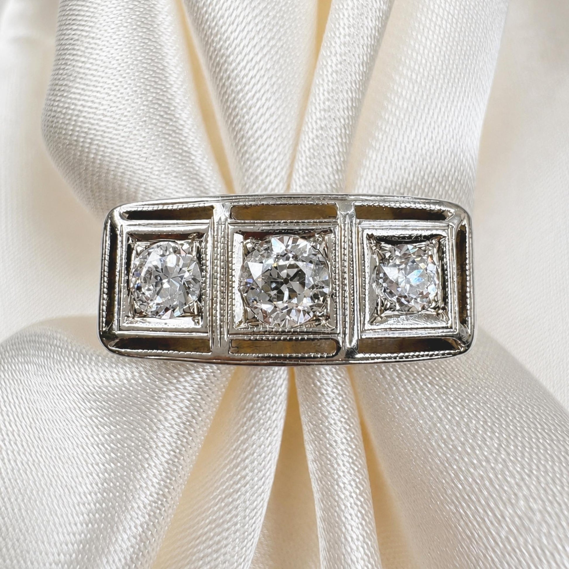 Vintage Diamond White Gold Three Stone Ring