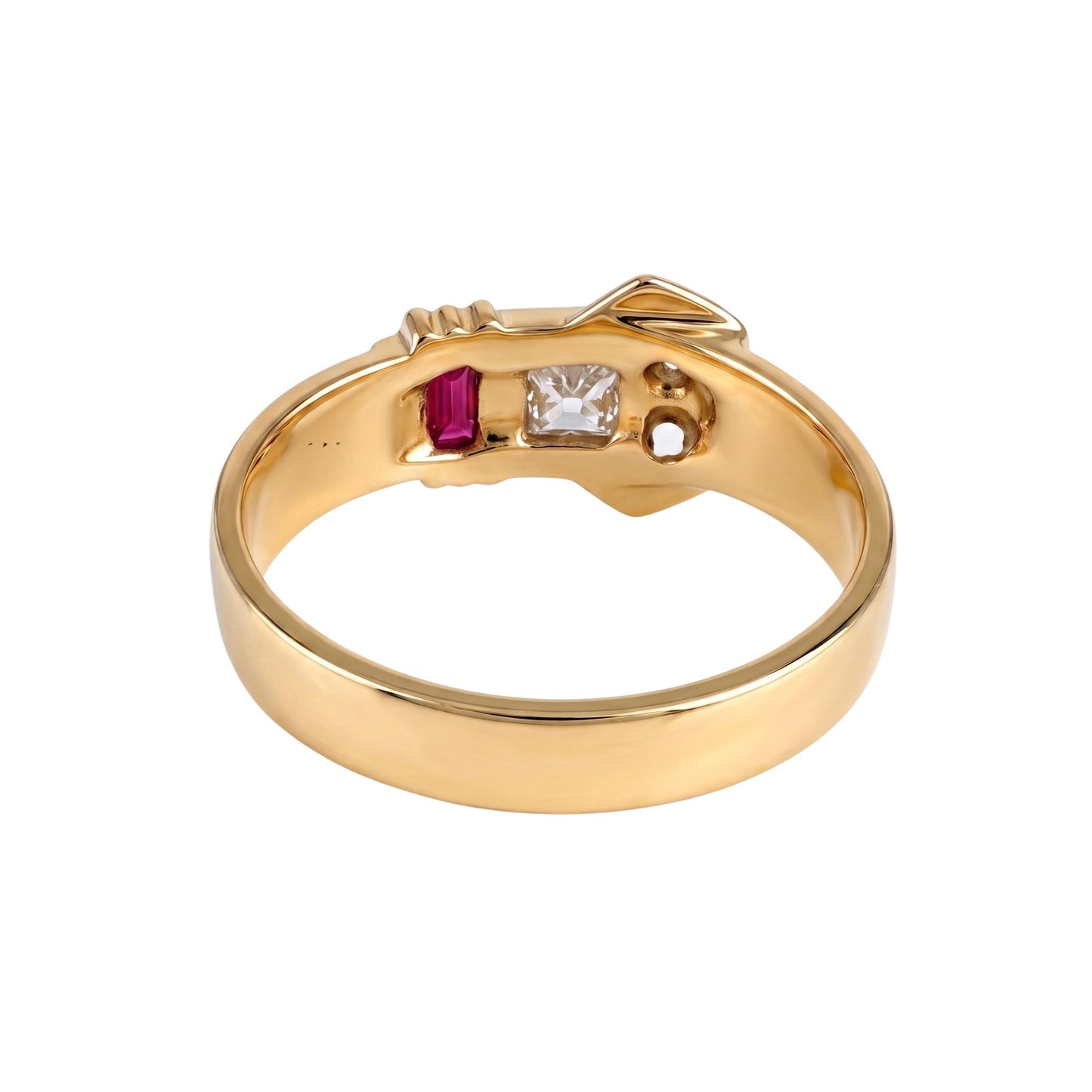 Retro Diamond Synthetic Ruby 14k Yellow Gold Buckle Ring
