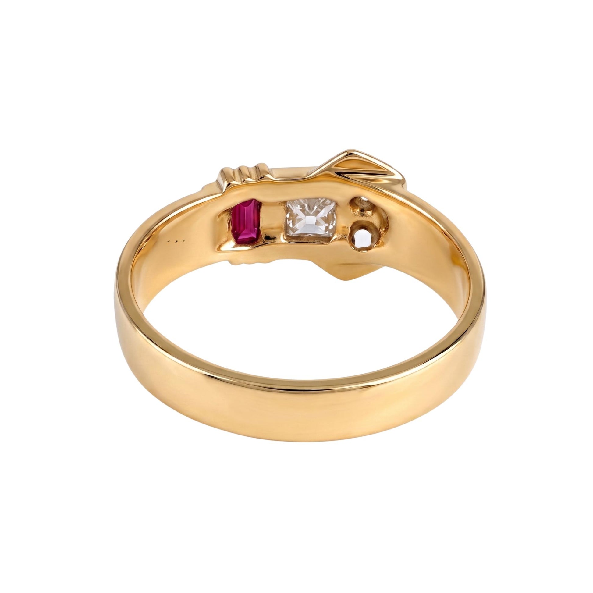 Retro Diamond Synthetic Ruby 14k Yellow Gold Buckle Ring