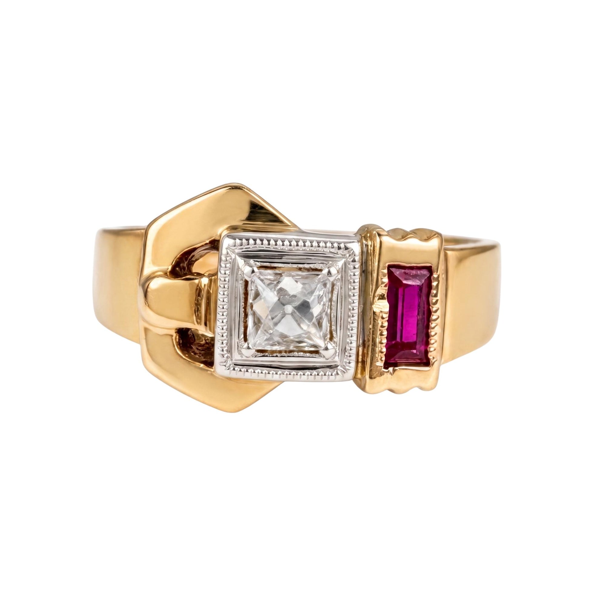 Retro Diamond Synthetic Ruby 14k Yellow Gold Buckle Ring