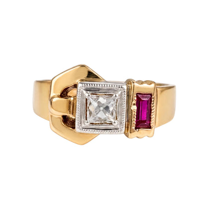Retro Diamond Synthetic Ruby 14k Yellow Gold Buckle Ring