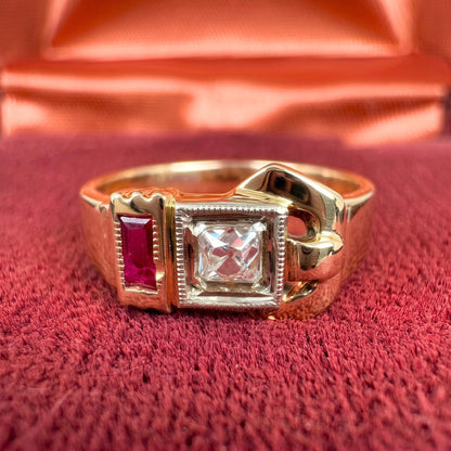 Retro Diamond Synthetic Ruby 14k Yellow Gold Buckle Ring