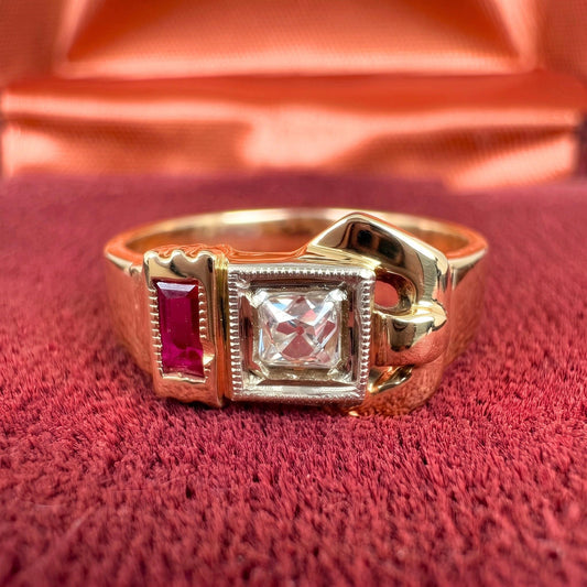 Retro Diamond Synthetic Ruby 14k Yellow Gold Buckle Ring