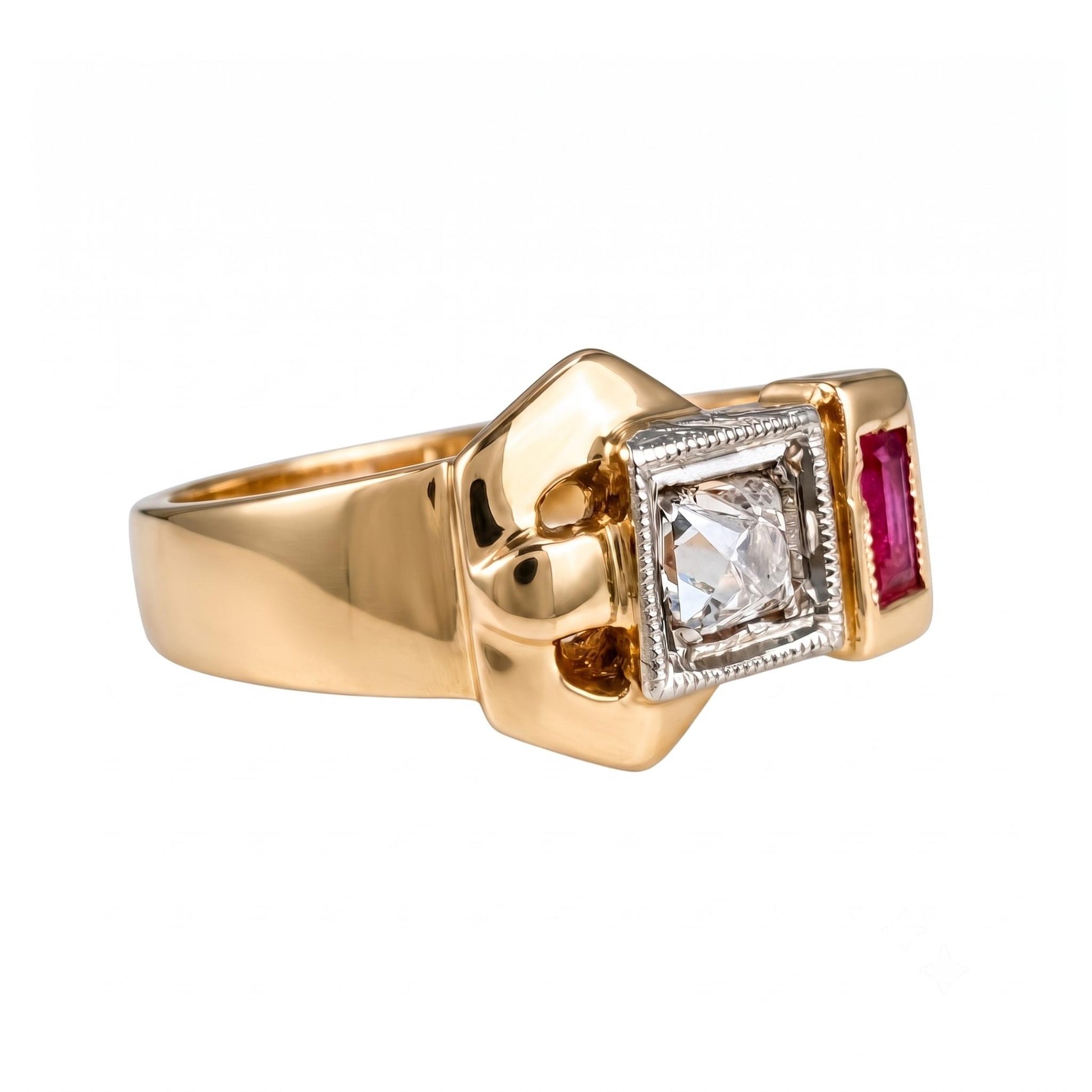 Retro Diamond Synthetic Ruby 14k Yellow Gold Buckle Ring