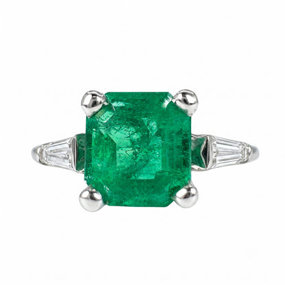 Vintage Emerald Diamond 18k White Gold Ring