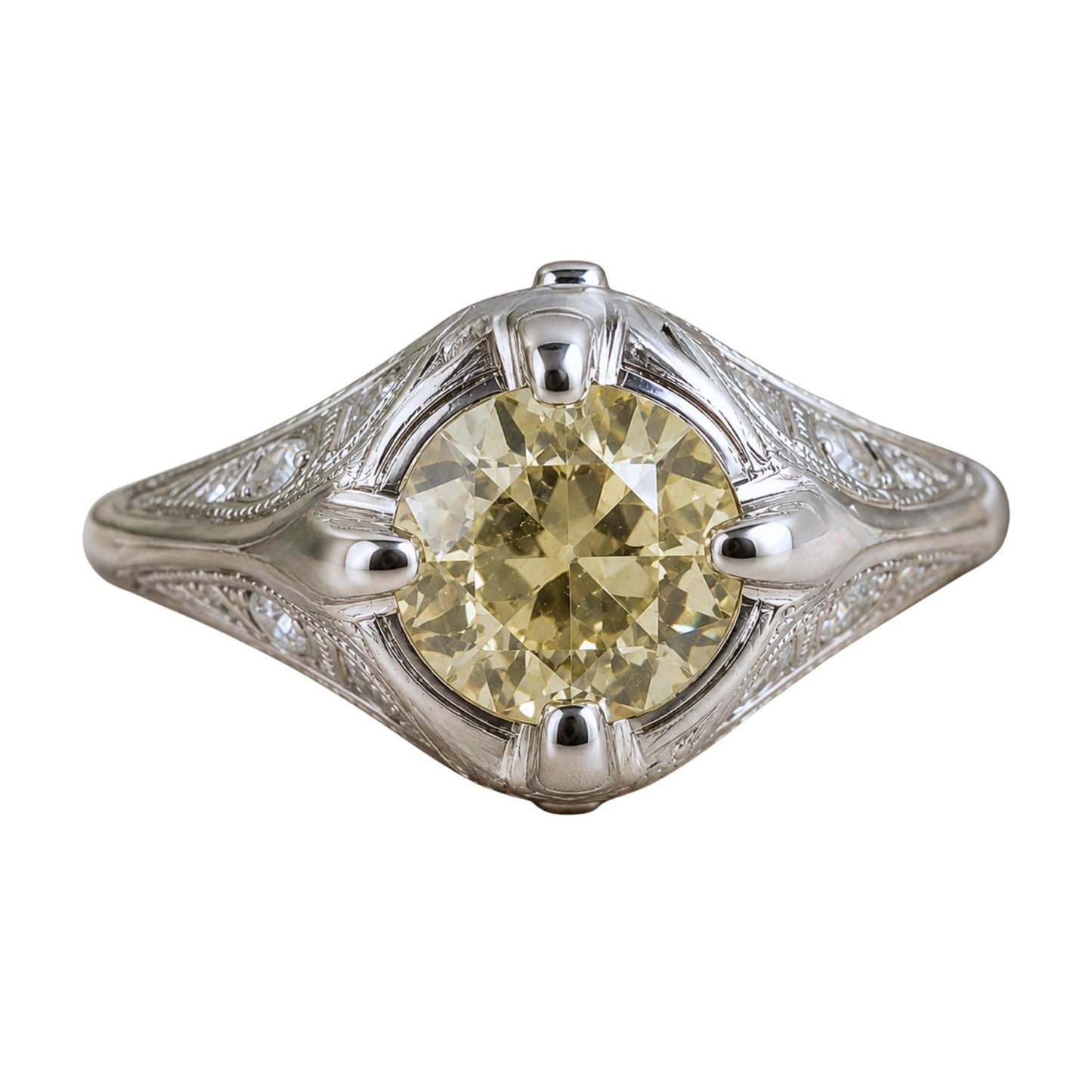 Art Deco Fancy Light Yellow Diamond Platinum Ring