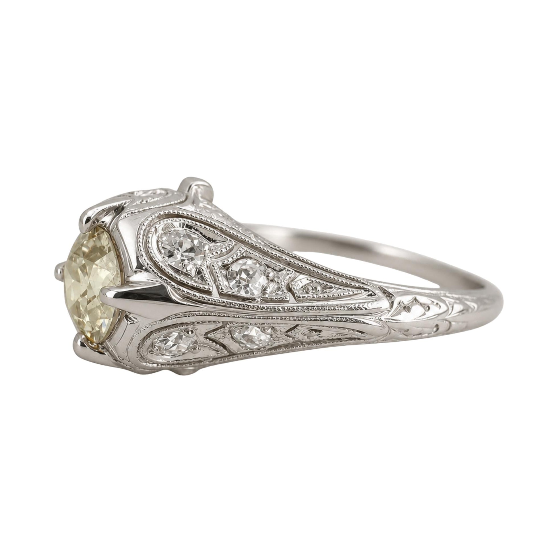 Art Deco Fancy Light Yellow Diamond Platinum Ring