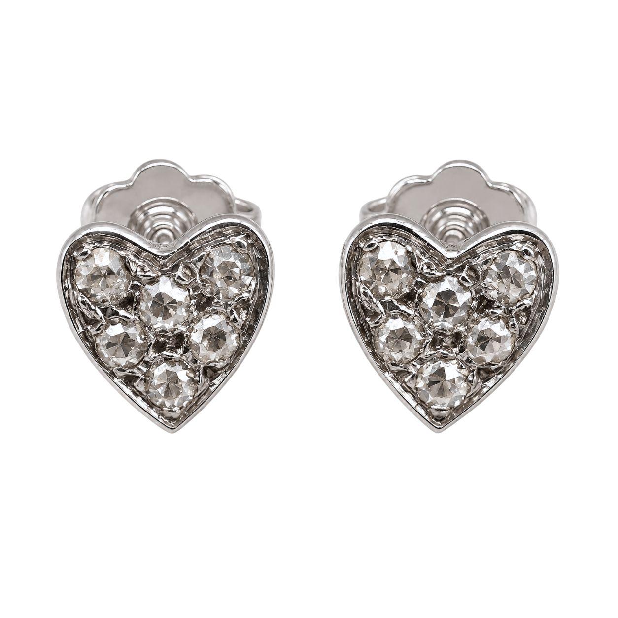 Vintage Diamond 14k White Gold Heart Stud Earrings