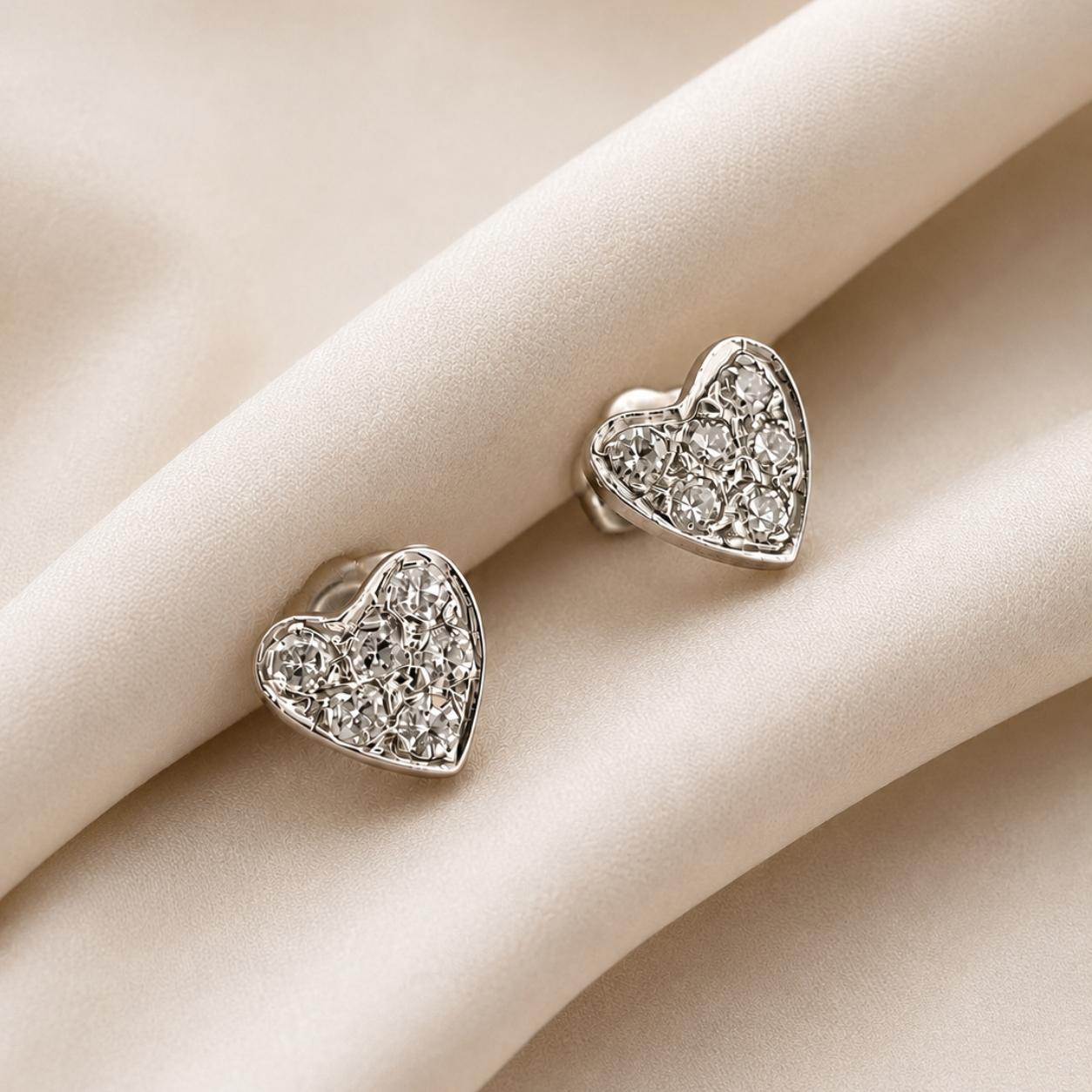 Vintage Diamond 14k White Gold Heart Stud Earrings