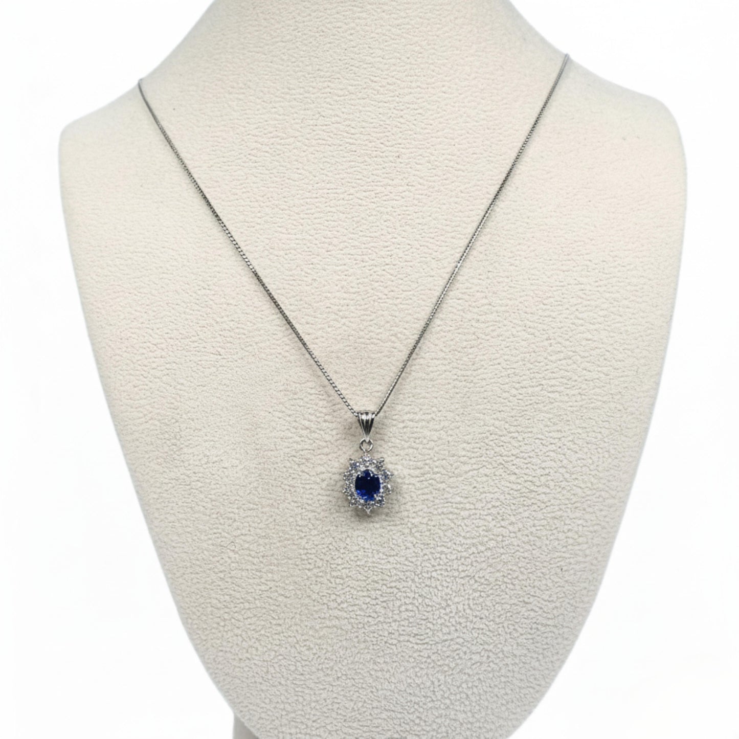 Vintage Sapphire Diamond Platinum Halo Pendant Necklace