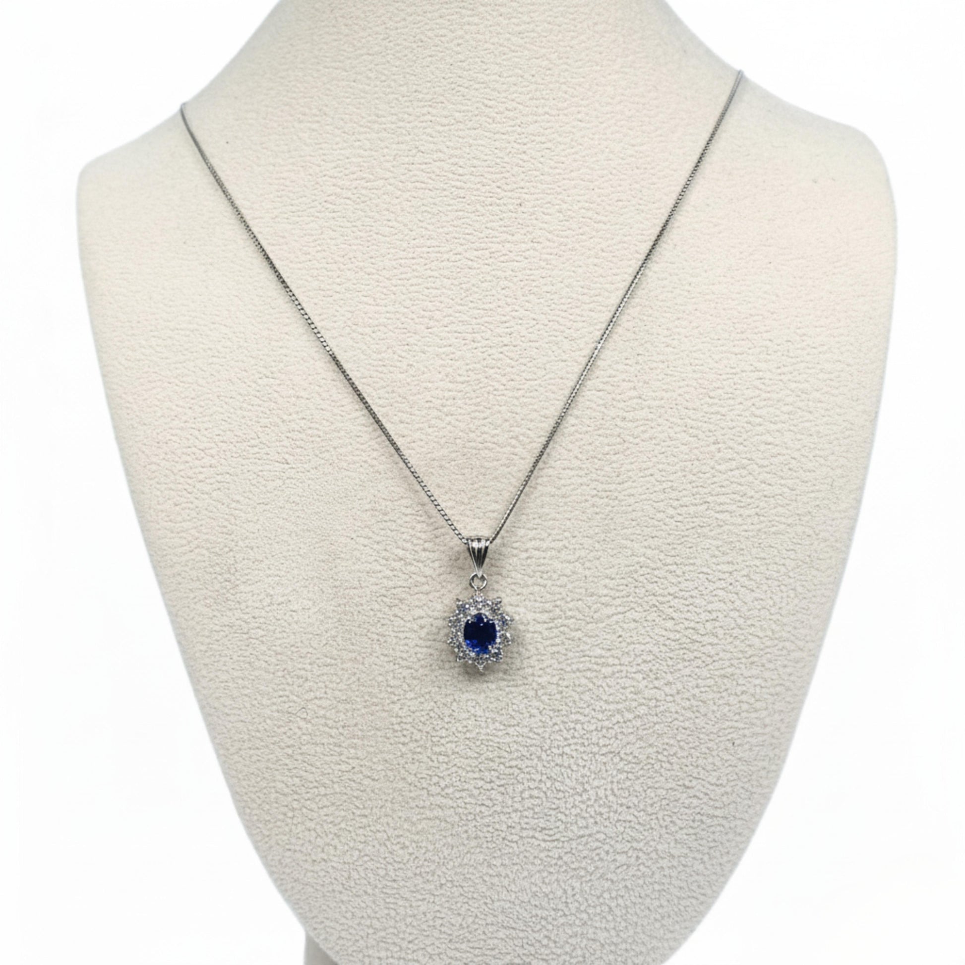 Vintage Sapphire Diamond Platinum Halo Pendant Necklace