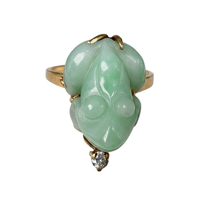 Vintage Jade Diamond 18k Yellow Gold Money Toad Ring