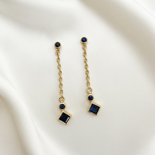 Vintage Sapphire 14k Yellow Gold Chain Dangle Earrings