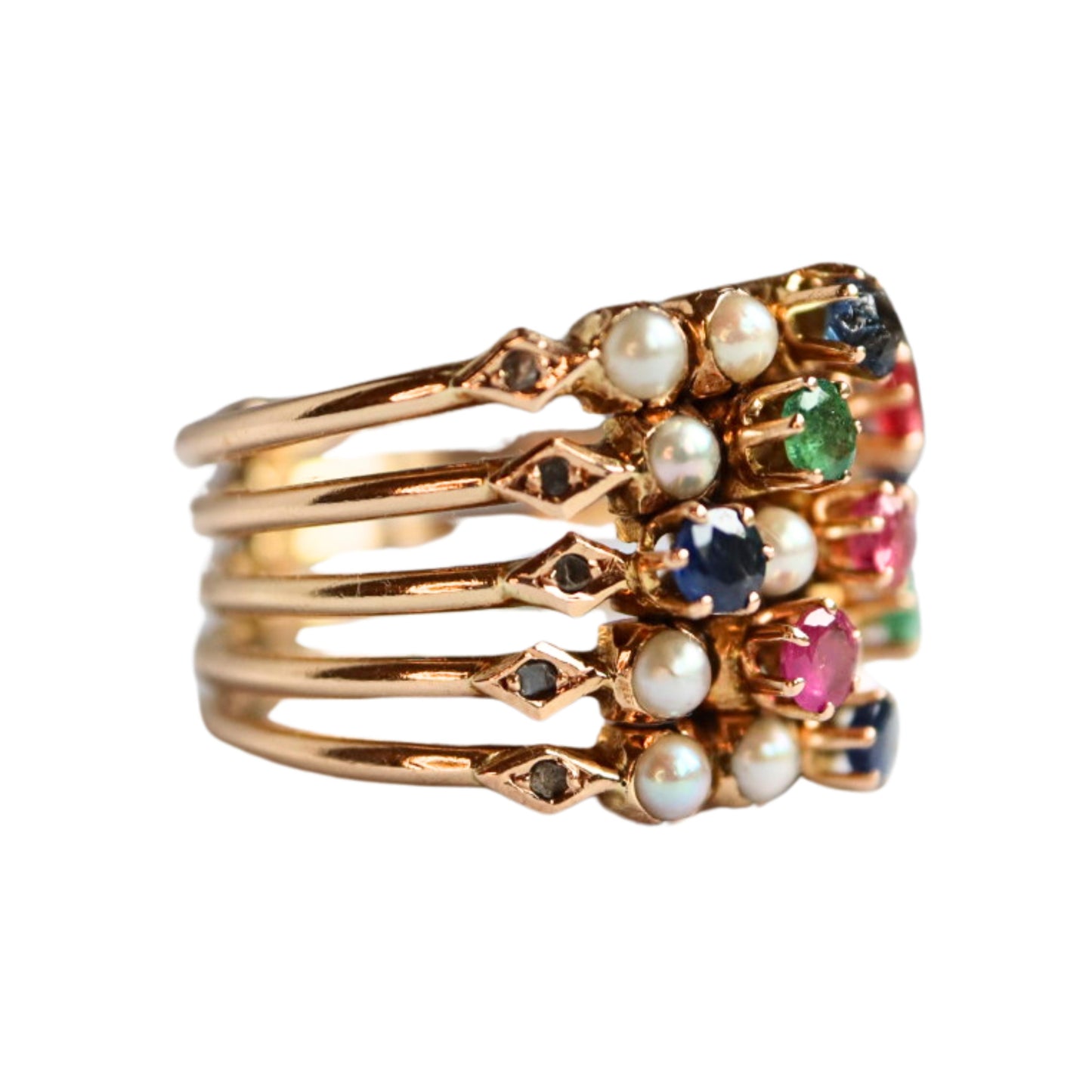 Mid-Century Gemstone 14k Rose Gold Harem Ring