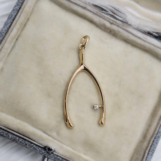 Mid-Century Diamond 14k Yellow Gold Wishbone Pendant