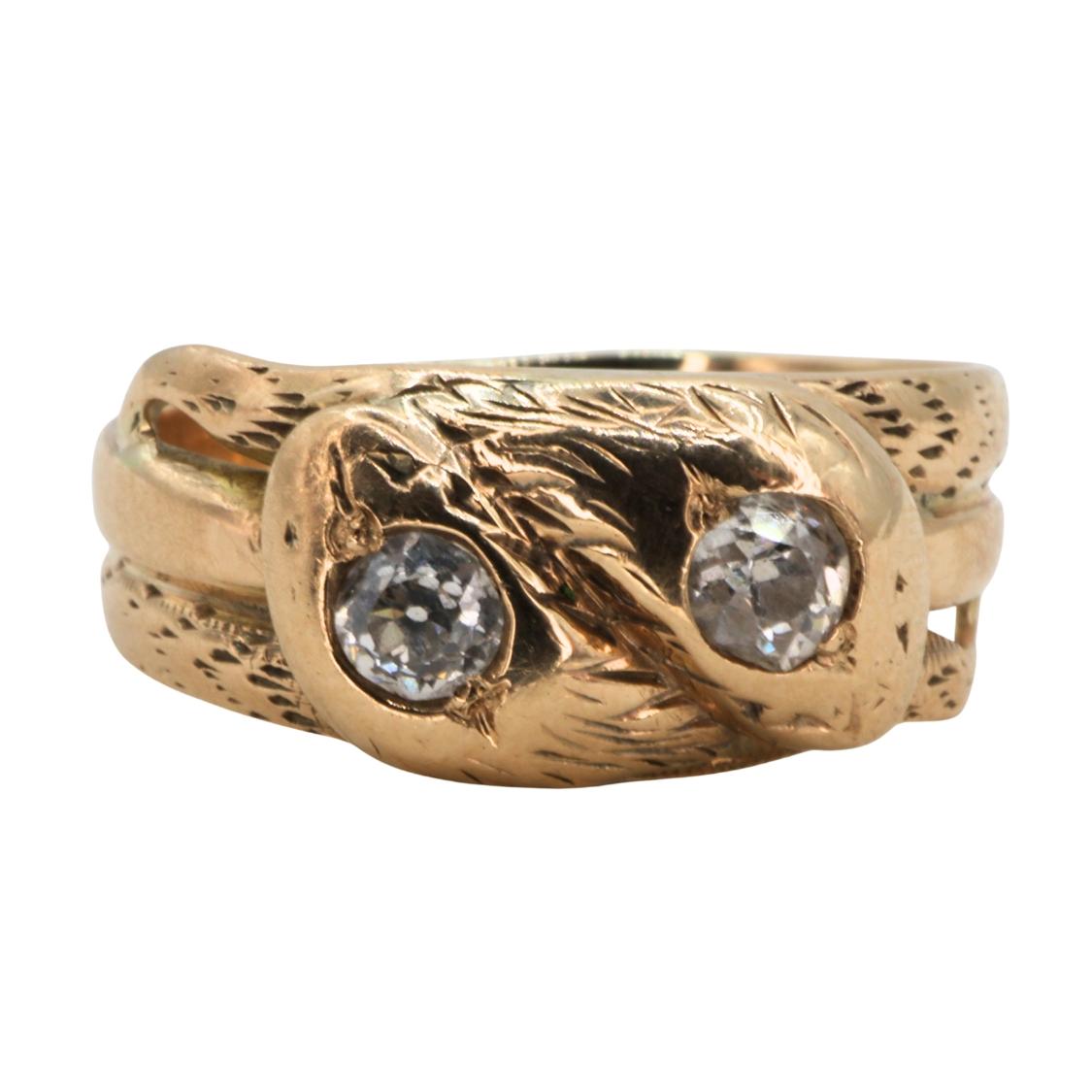 Victorian Austro-Hungarian Diamond 14k Antique Gold Double Snake Ring