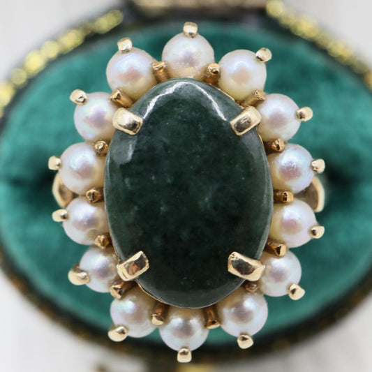 Vintage Nephrite Pearl 14k Yellow Gold Ring