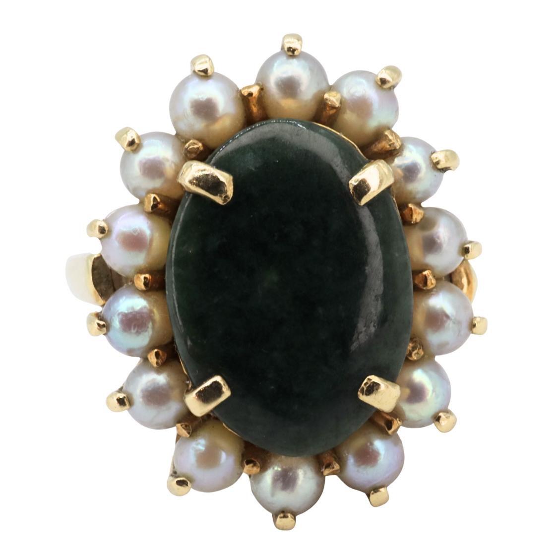 Vintage Nephrite Pearl 14k Yellow Gold Ring