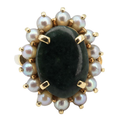 Vintage Nephrite Pearl 14k Yellow Gold Ring