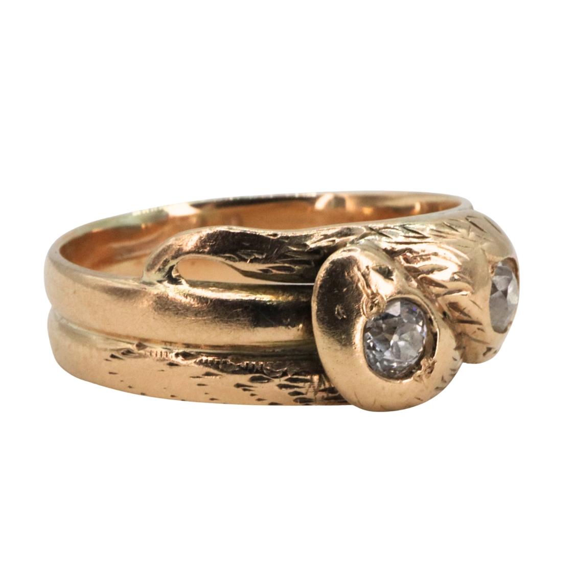 Victorian Austro-Hungarian Diamond 14k Antique Gold Double Snake Ring