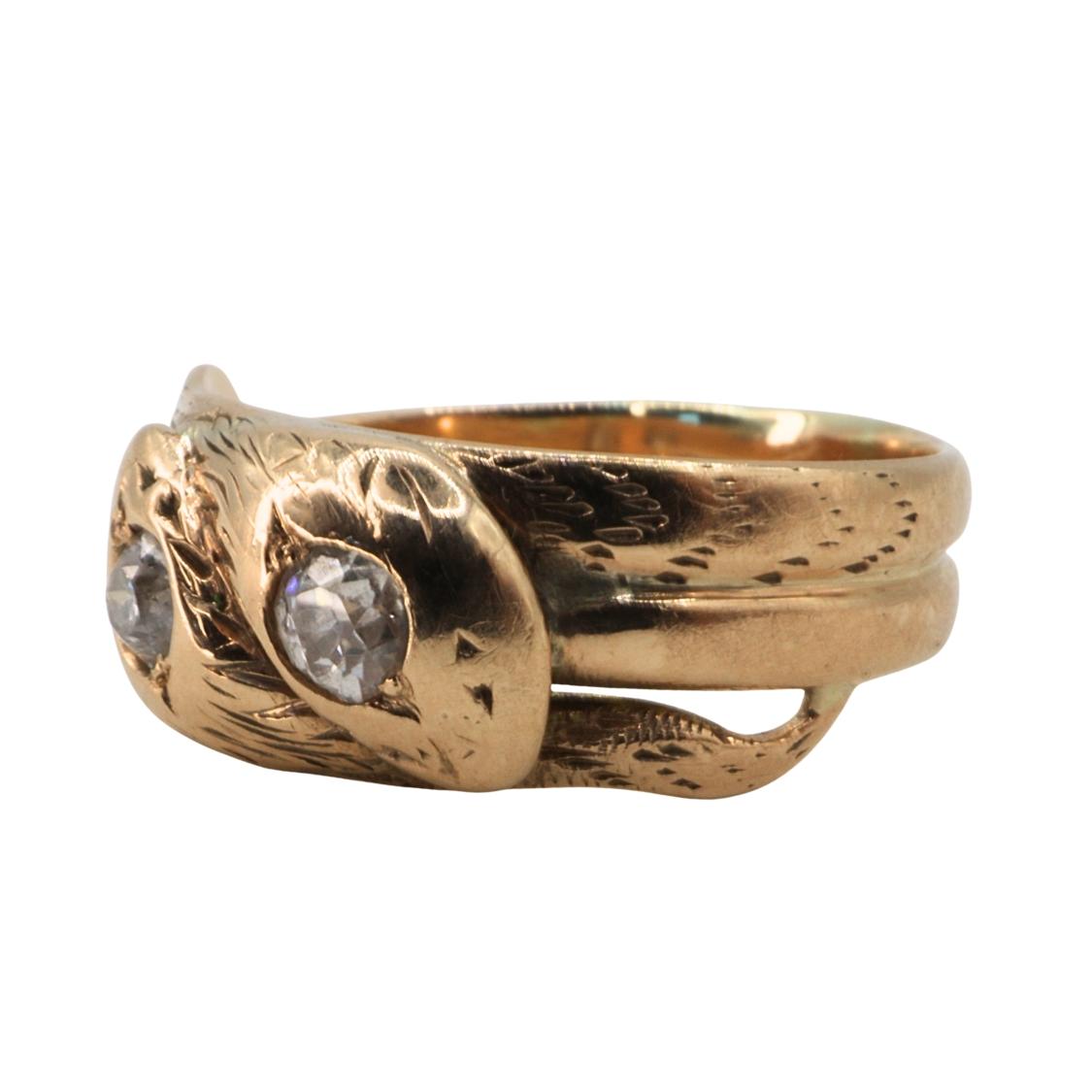 Victorian Austro-Hungarian Diamond 14k Antique Gold Double Snake Ring