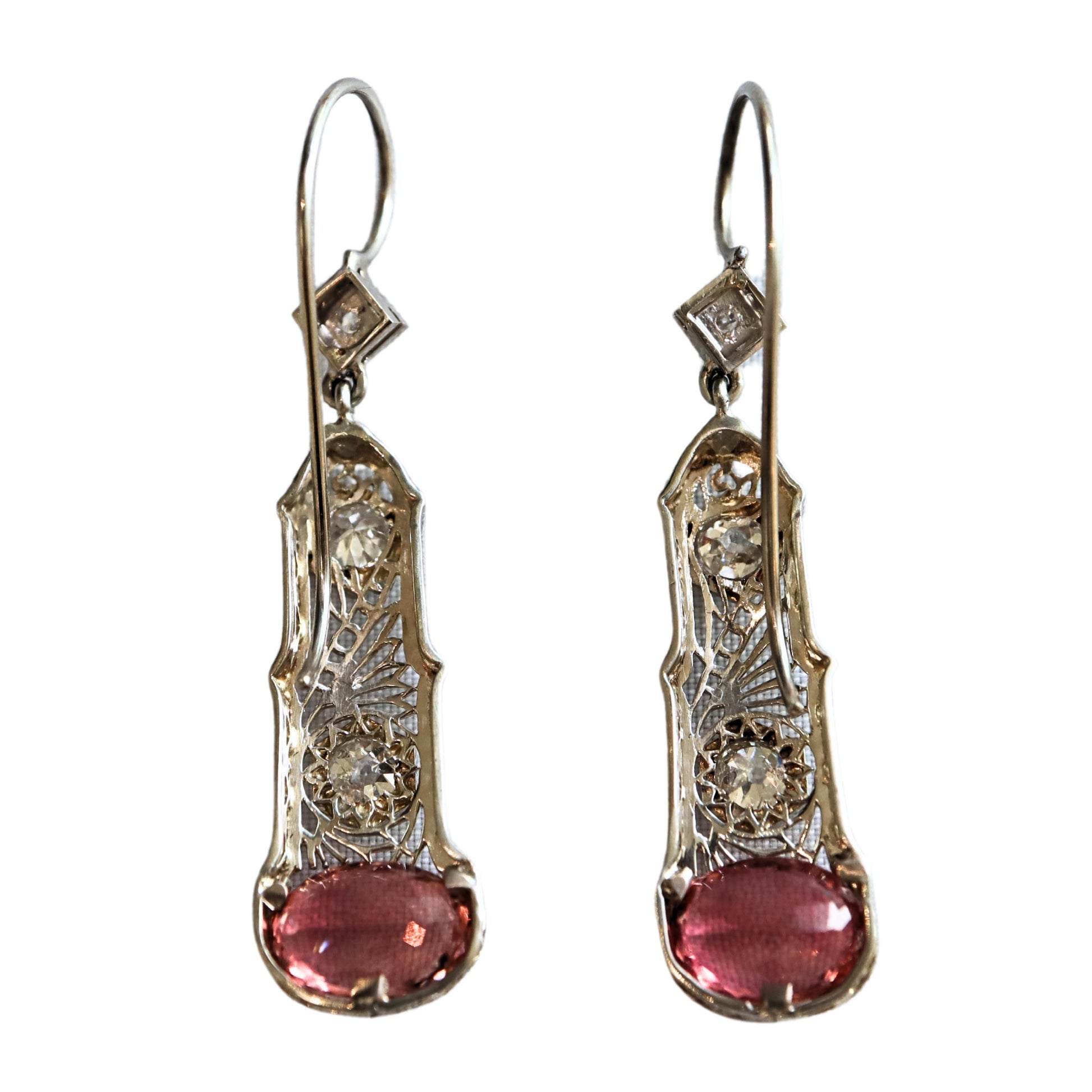 Antique Tourmaline Diamond 14k White Gold Filigree Earrings