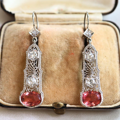 Antique Tourmaline Diamond 14k White Gold Filigree Earrings