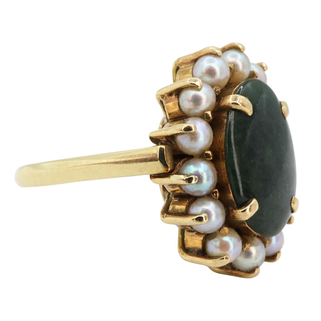 Vintage Nephrite Pearl 14k Yellow Gold Ring