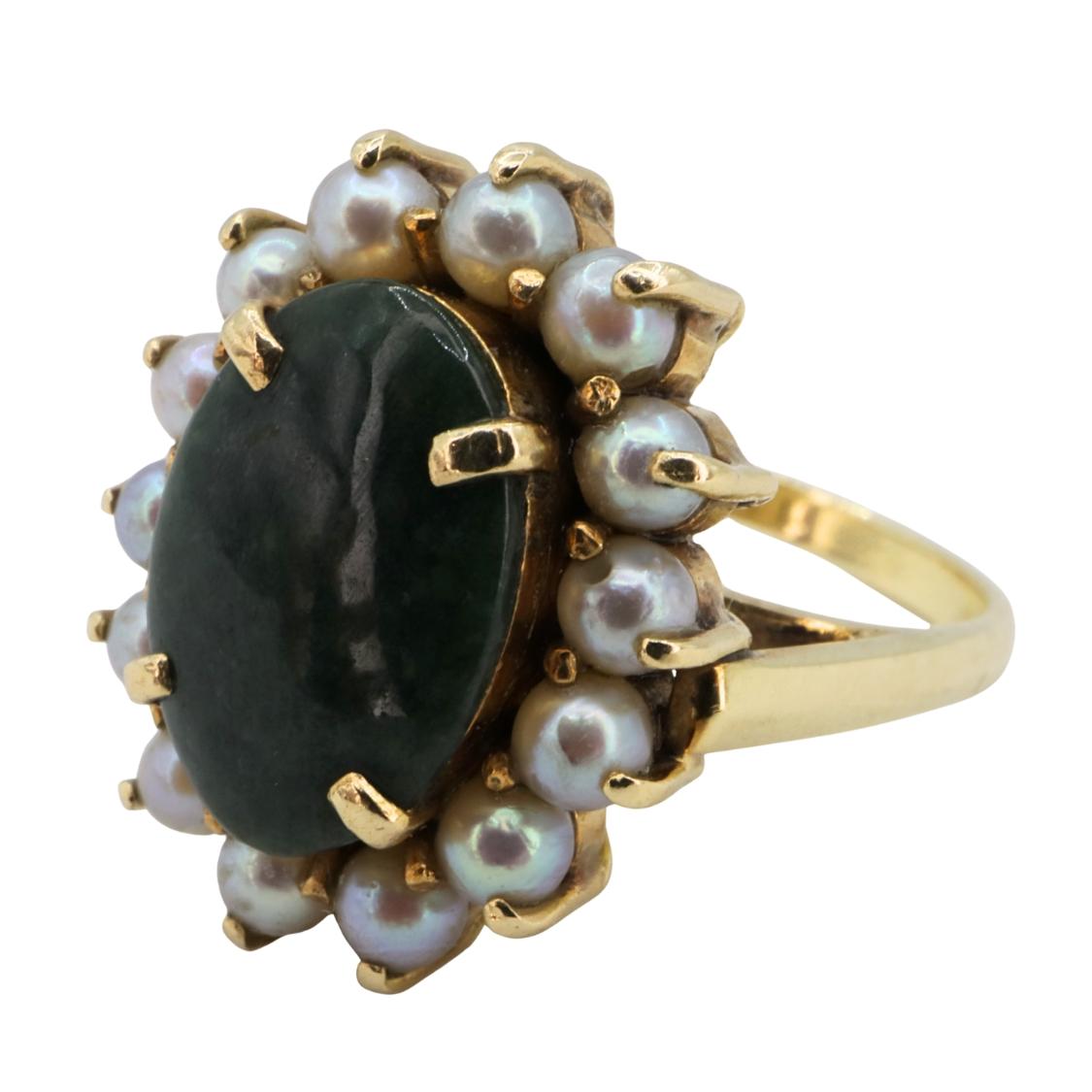 Vintage Nephrite Pearl 14k Yellow Gold Ring