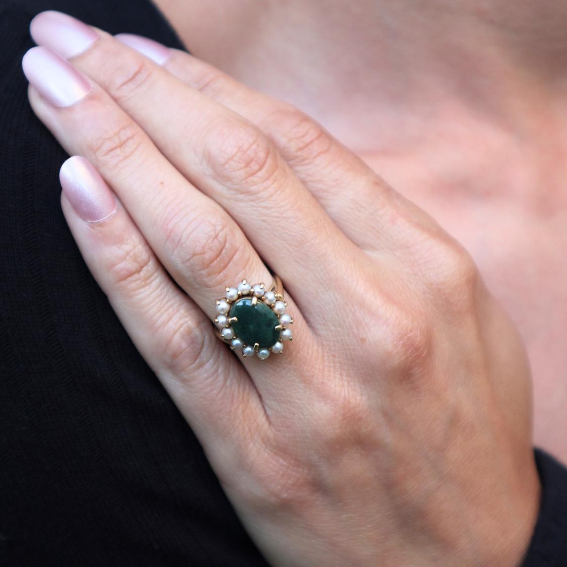 Vintage Nephrite Pearl 14k Yellow Gold Ring