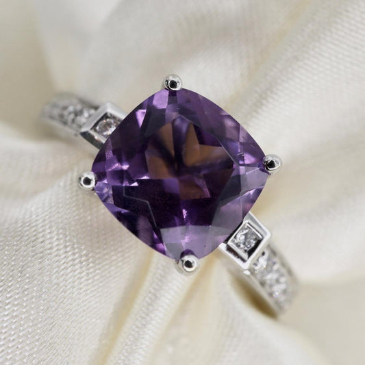 Contemporary Amethyst Diamond 14k White Gold Ring