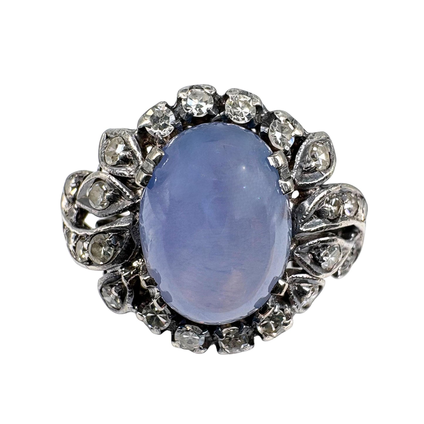 Art Deco Star Sapphire Diamond 14k Silver Ring