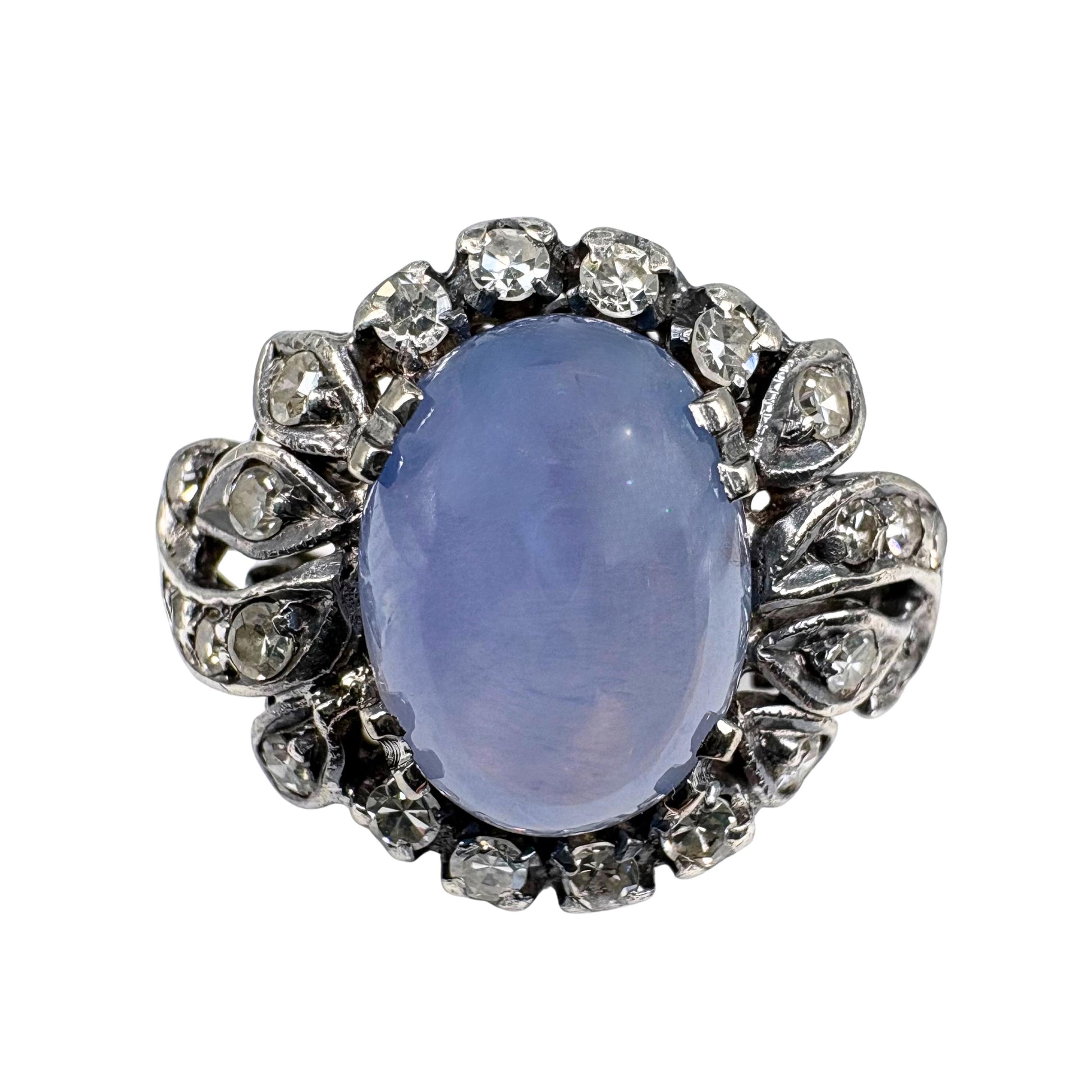 Art Deco Star Sapphire Diamond 14k Silver Ring