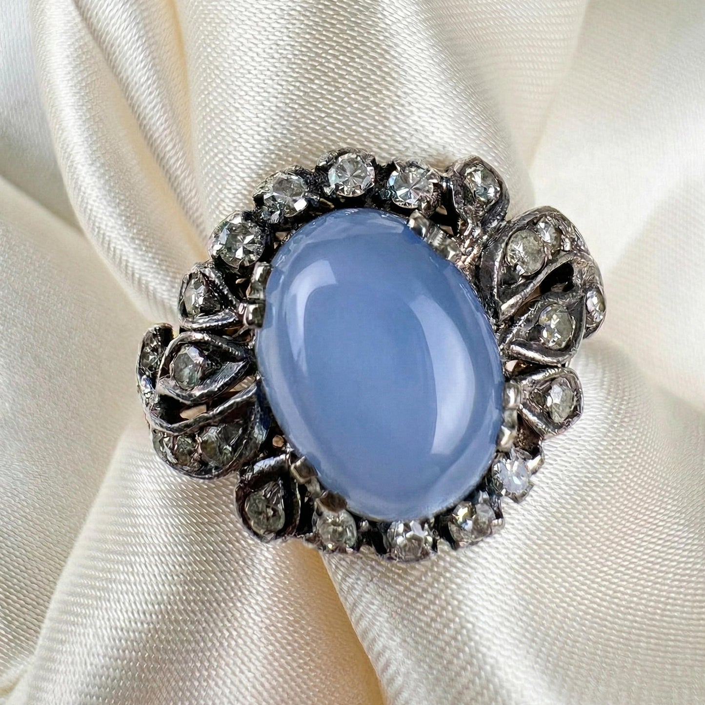 Art Deco Star Sapphire Diamond 14k Silver Ring