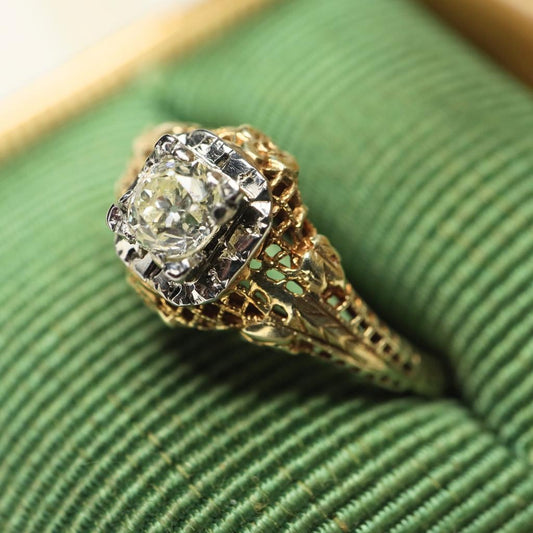 Art Deco Diamond 14k Yellow Gold Filigree Ring