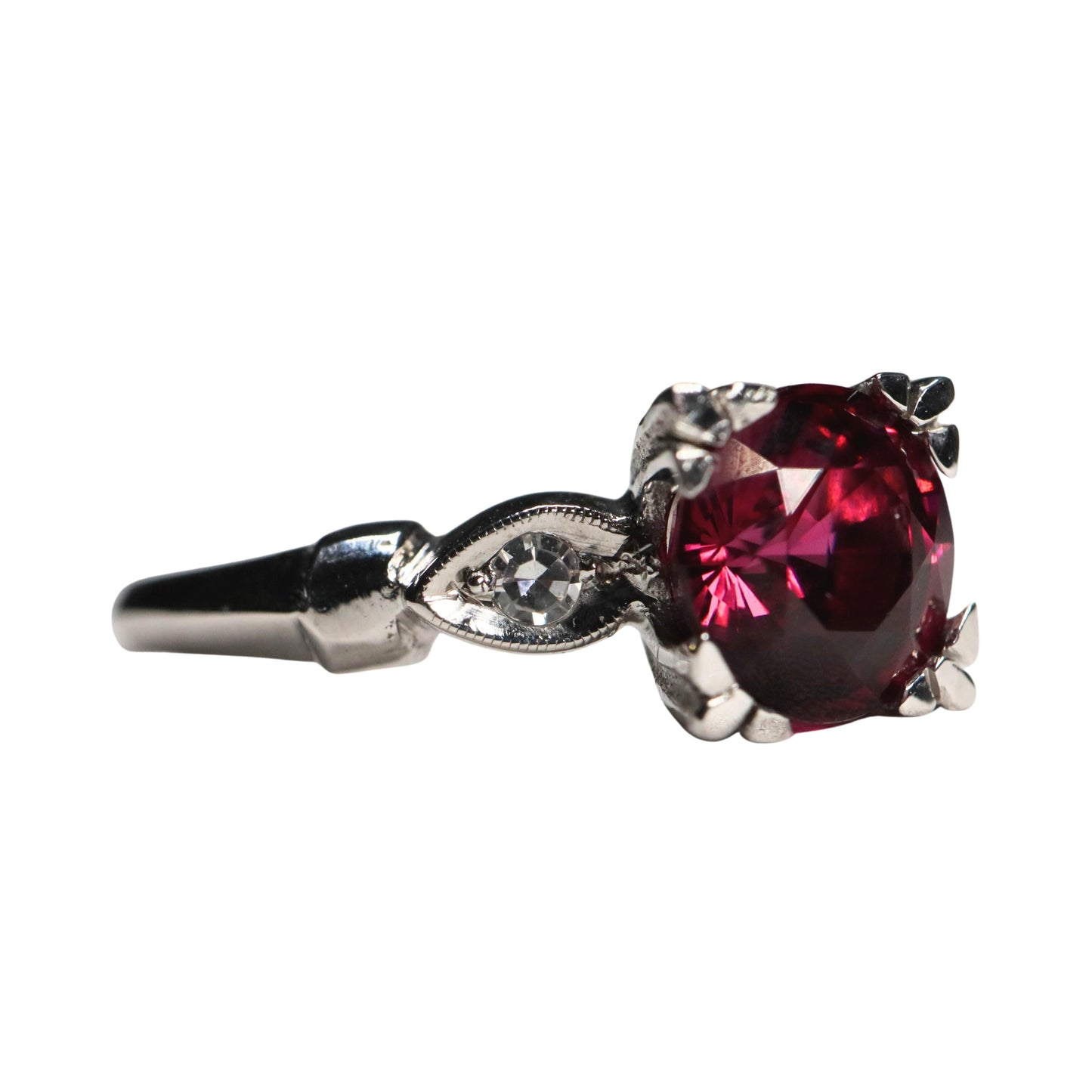Mid Century Rhodolite Garnet Diamond 14k White Gold Ring
