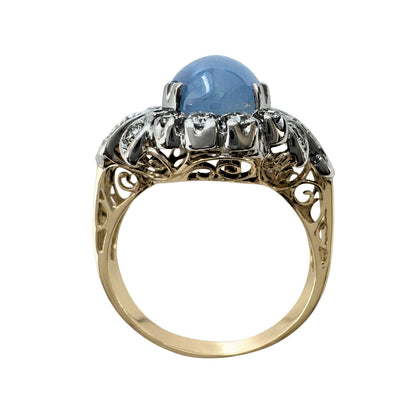 Art Deco Star Sapphire Diamond 14k Silver Ring
