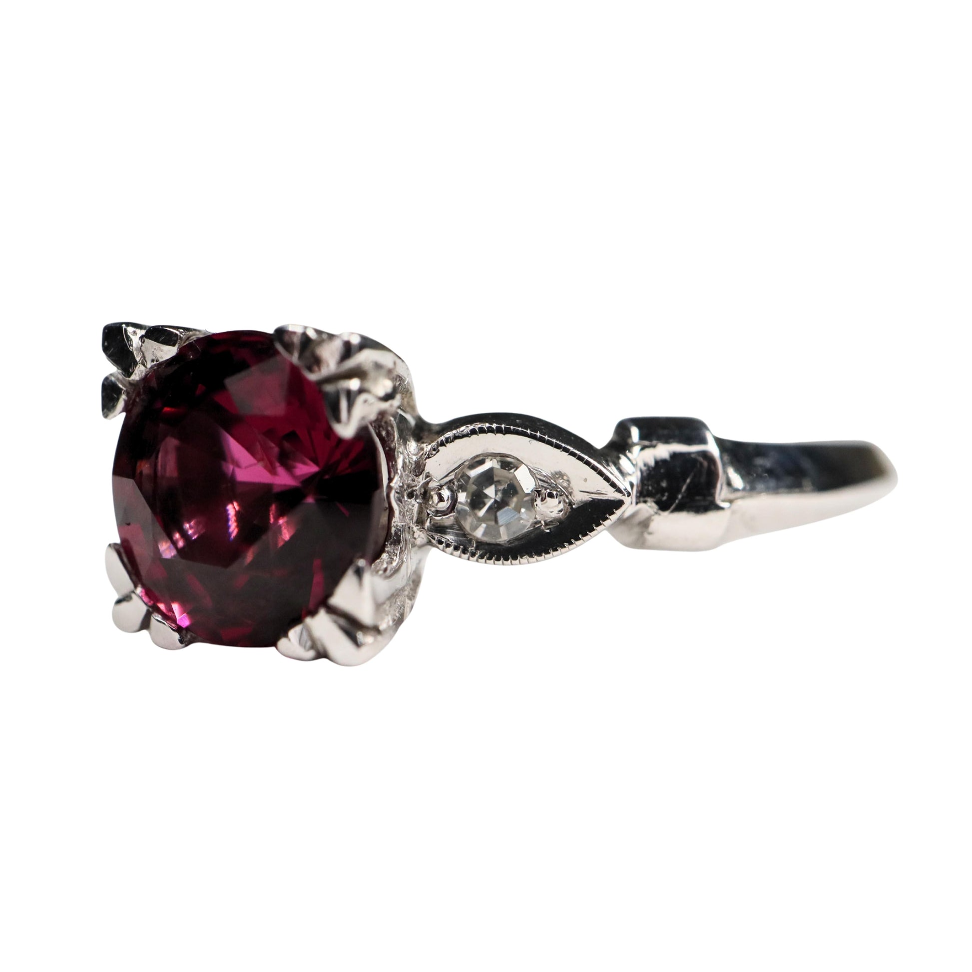 Mid Century Rhodolite Garnet Diamond 14k White Gold Ring
