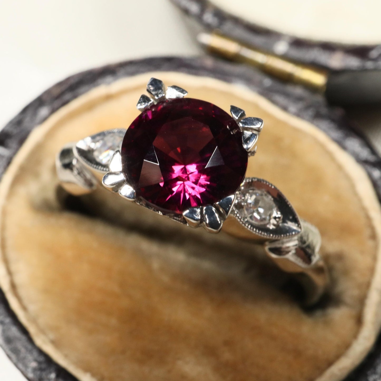 Mid Century Rhodolite Garnet Diamond 14k White Gold Ring