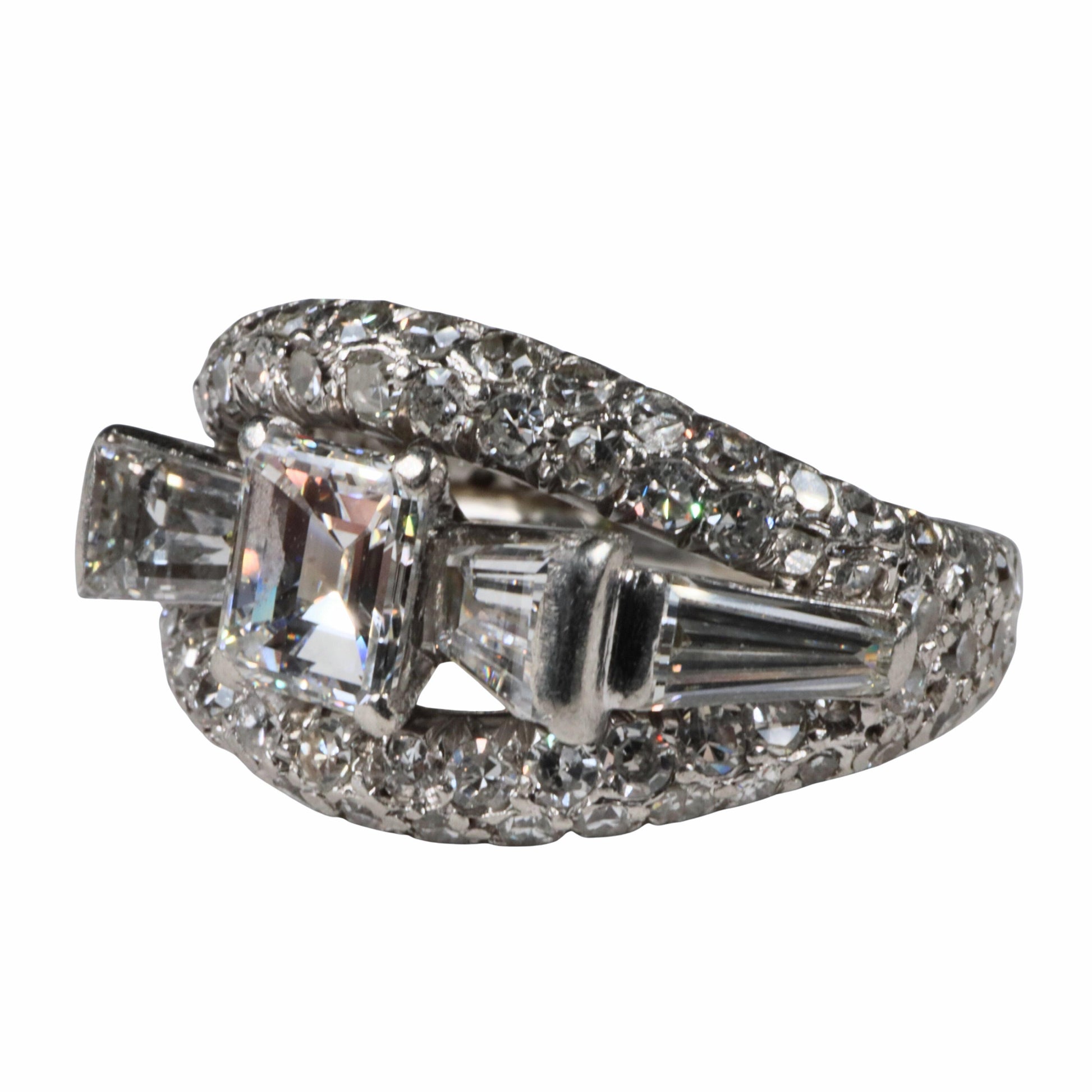 Mid Century 0.80 Carat Emerald Cut Diamond Platinum Ring