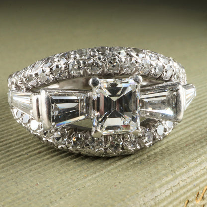 Mid Century 0.80 Carat Emerald Cut Diamond Platinum Ring