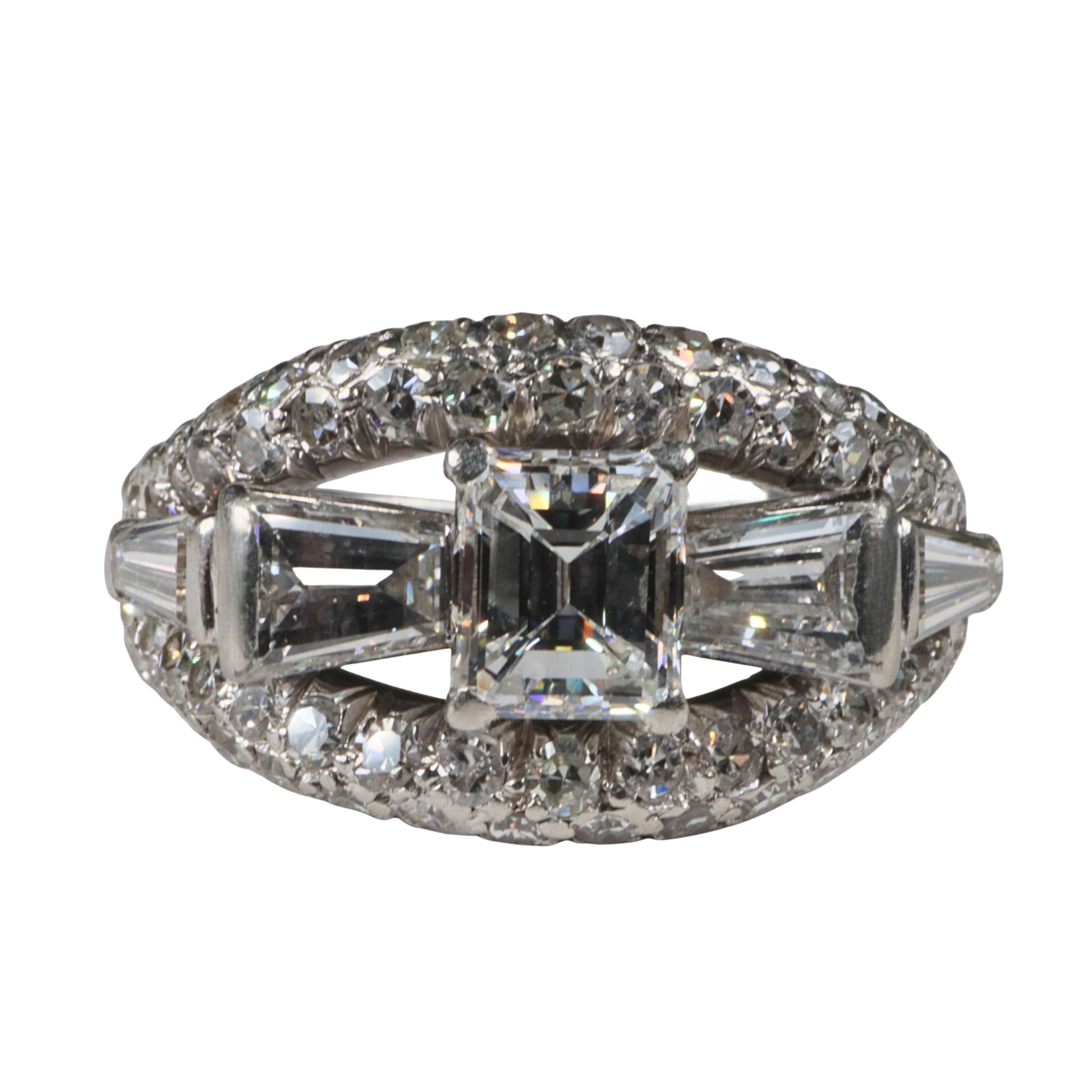 Mid Century 0.80 Carat Emerald Cut Diamond Platinum Ring