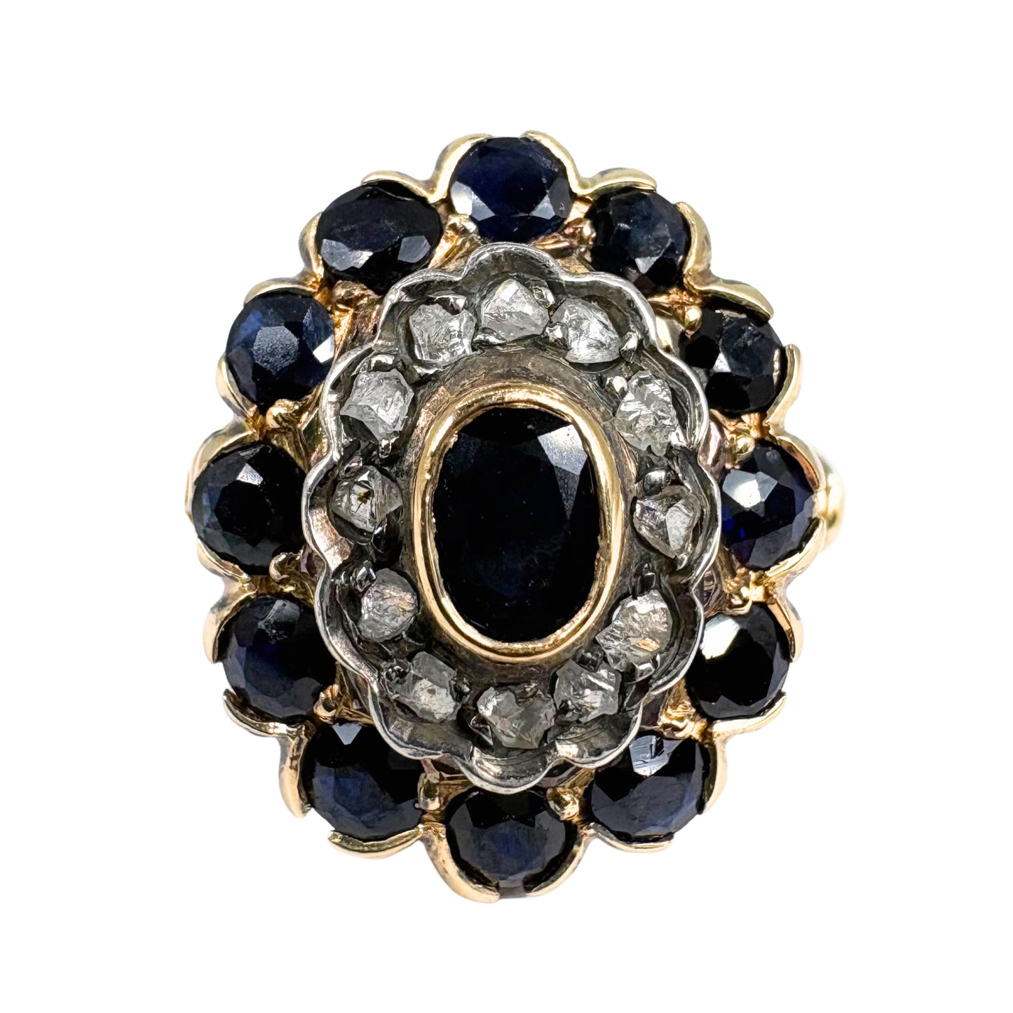 Victorian Revival Sapphire Diamond 18k Silver Cluster Ring