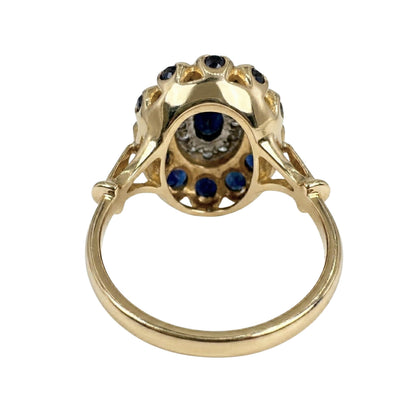 Victorian Revival Sapphire Diamond 18k Silver Cluster Ring