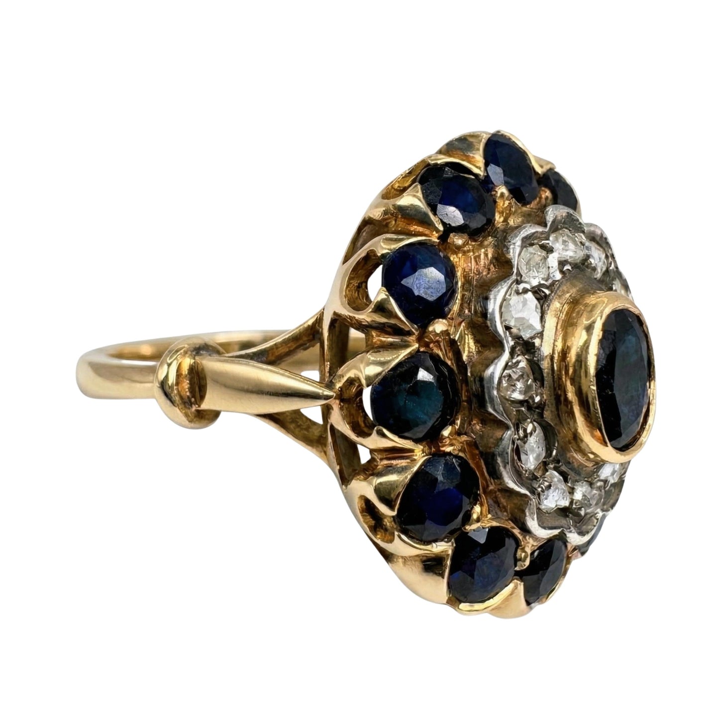 Victorian Revival Sapphire Diamond 18k Silver Cluster Ring