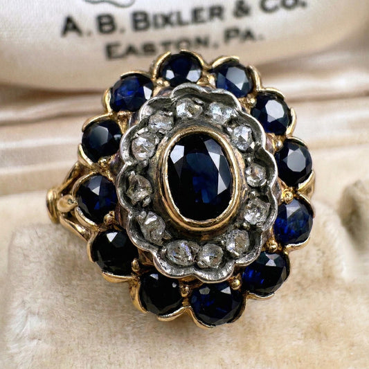 Victorian Revival Sapphire Diamond 18k Silver Cluster Ring