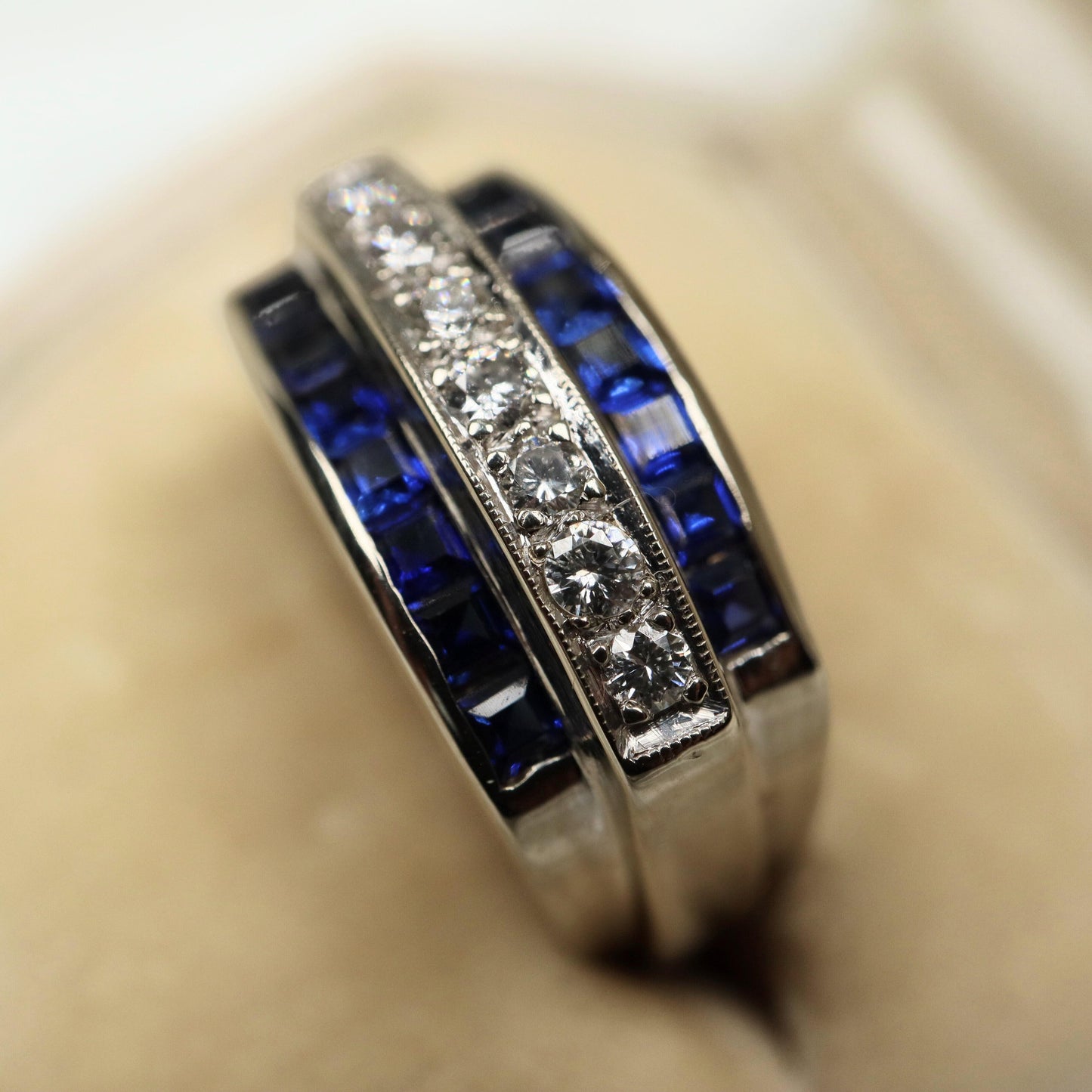 Vintage Diamond Sapphire 14k White Gold Ring